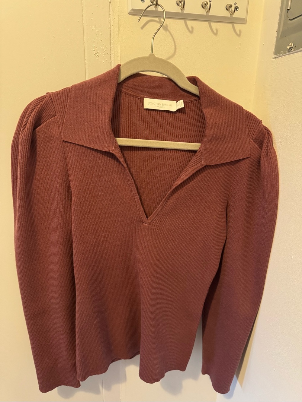Jonathan Simkhai Dusty Rose Rib-Knit V-Collar Puff-Sleeve Sweater